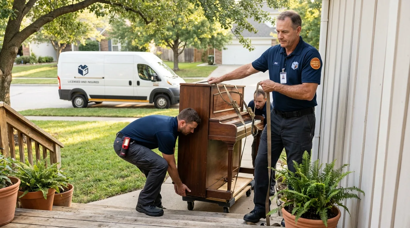 Licensed piano movers securing grand piano in Andrews, IN