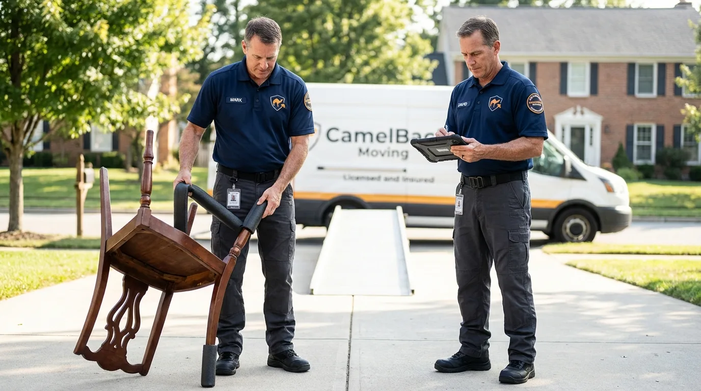 Movers inspecting furniture for damage prevention before loading in Andrews, IN