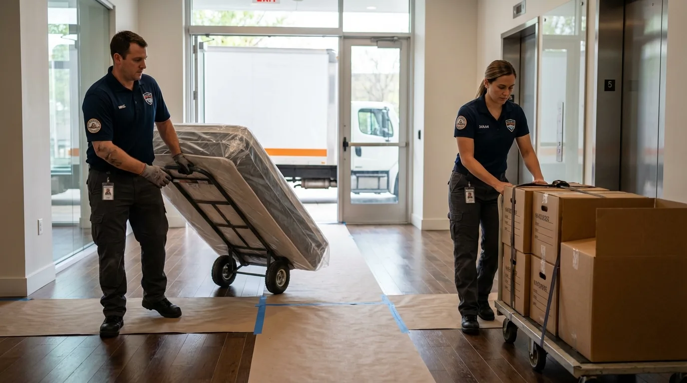 Professional apartment movers loading elevator in Andrews, IN