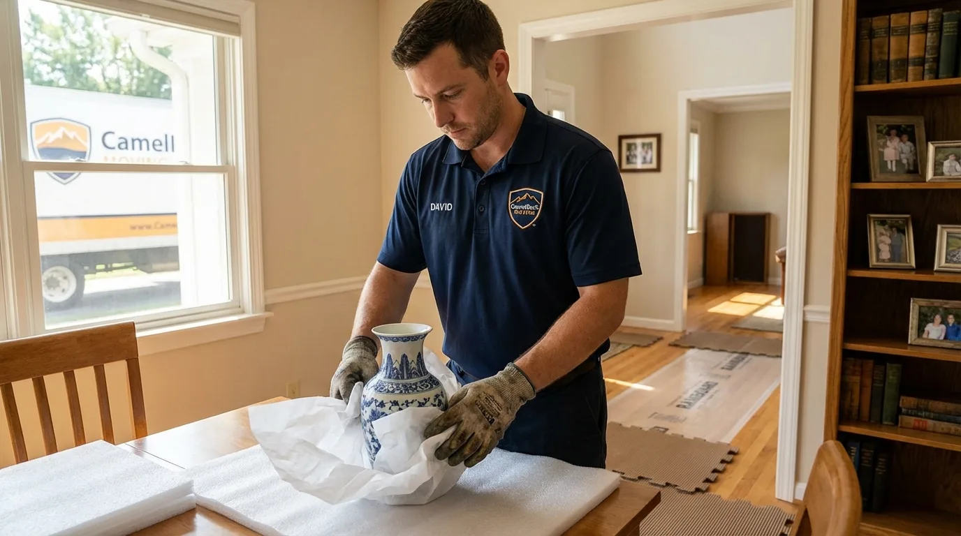 Professional crew carefully wrapping antique vase for senior downsizing move in Andrews, IN